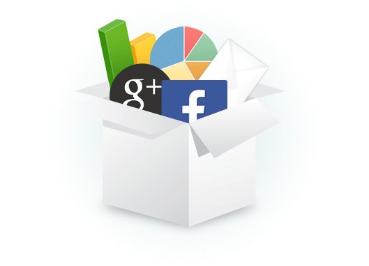 A box full of social network icons and charts