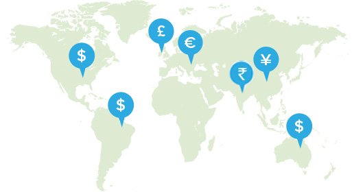 World map with map pins showing various currencies.